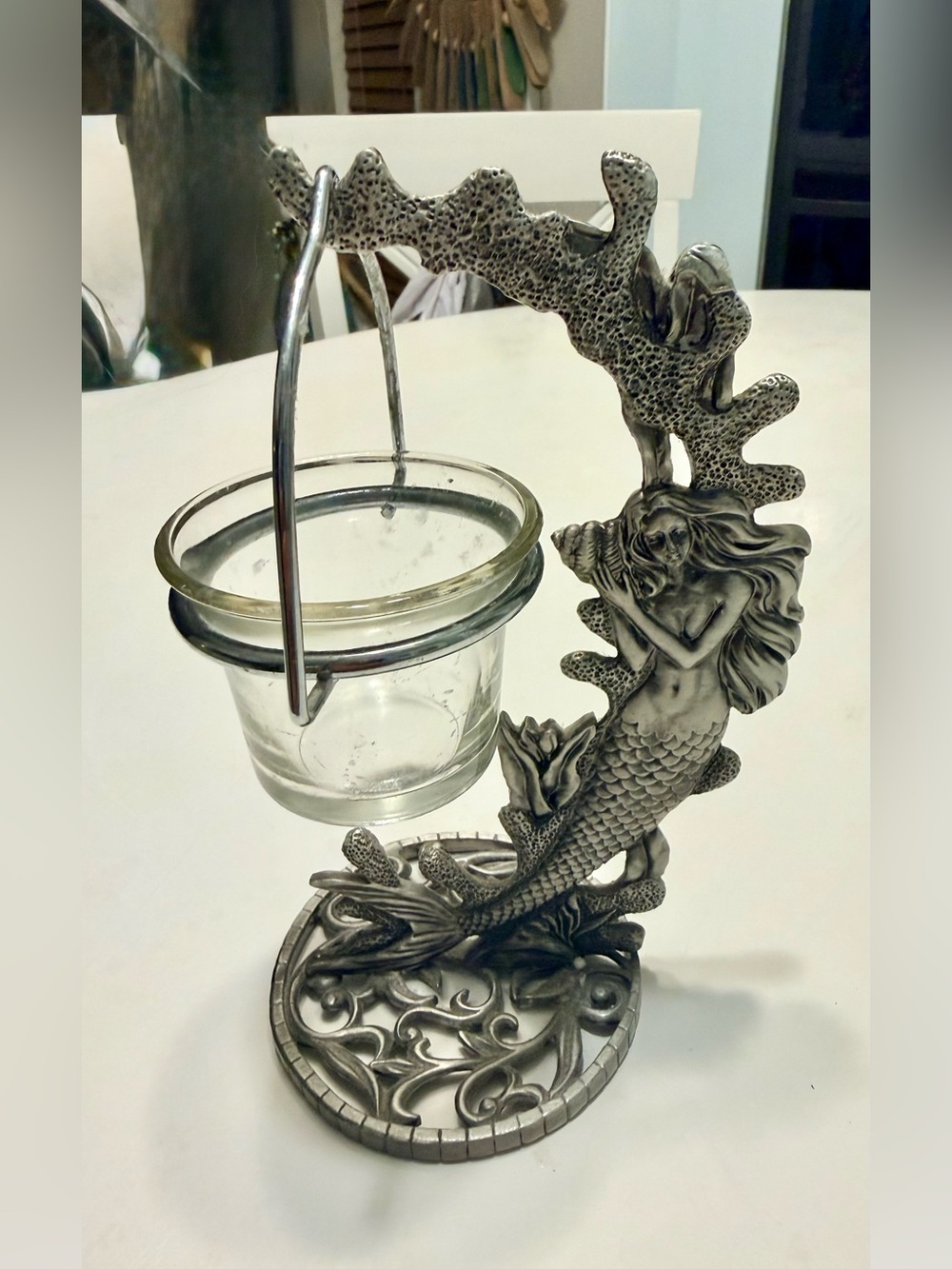 Mermaid votive candle holder pewter